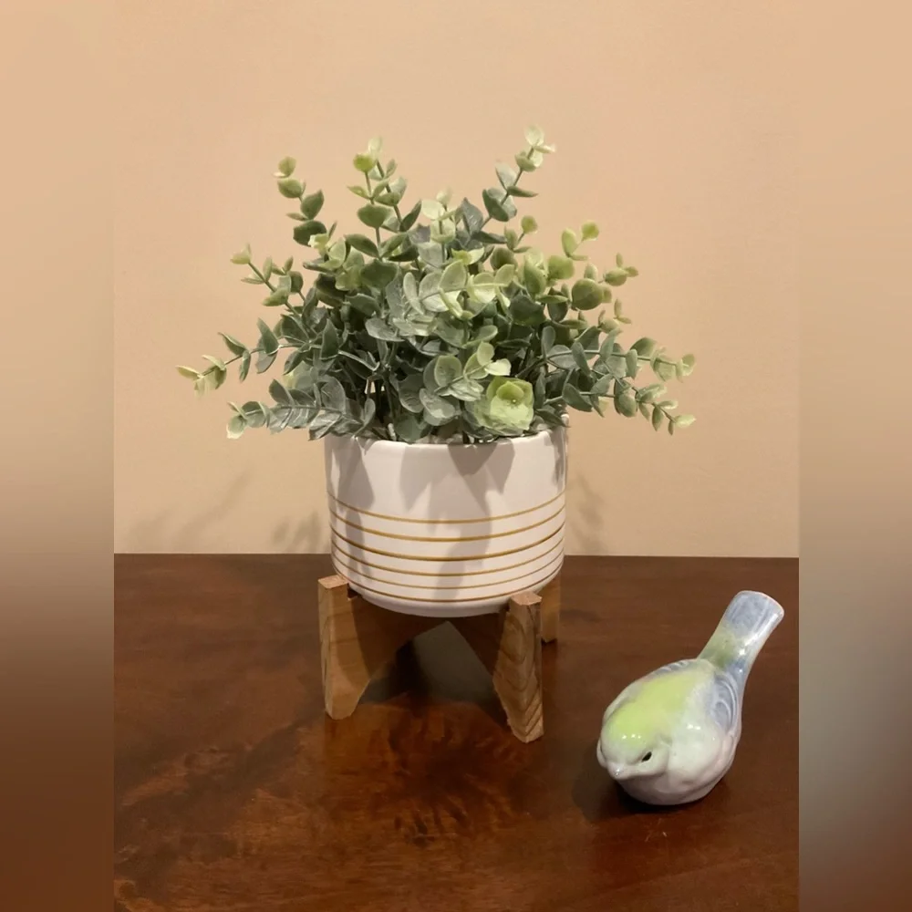 Faux Green Plant in Ceramic Pot On Wood Stand Decor 🪴